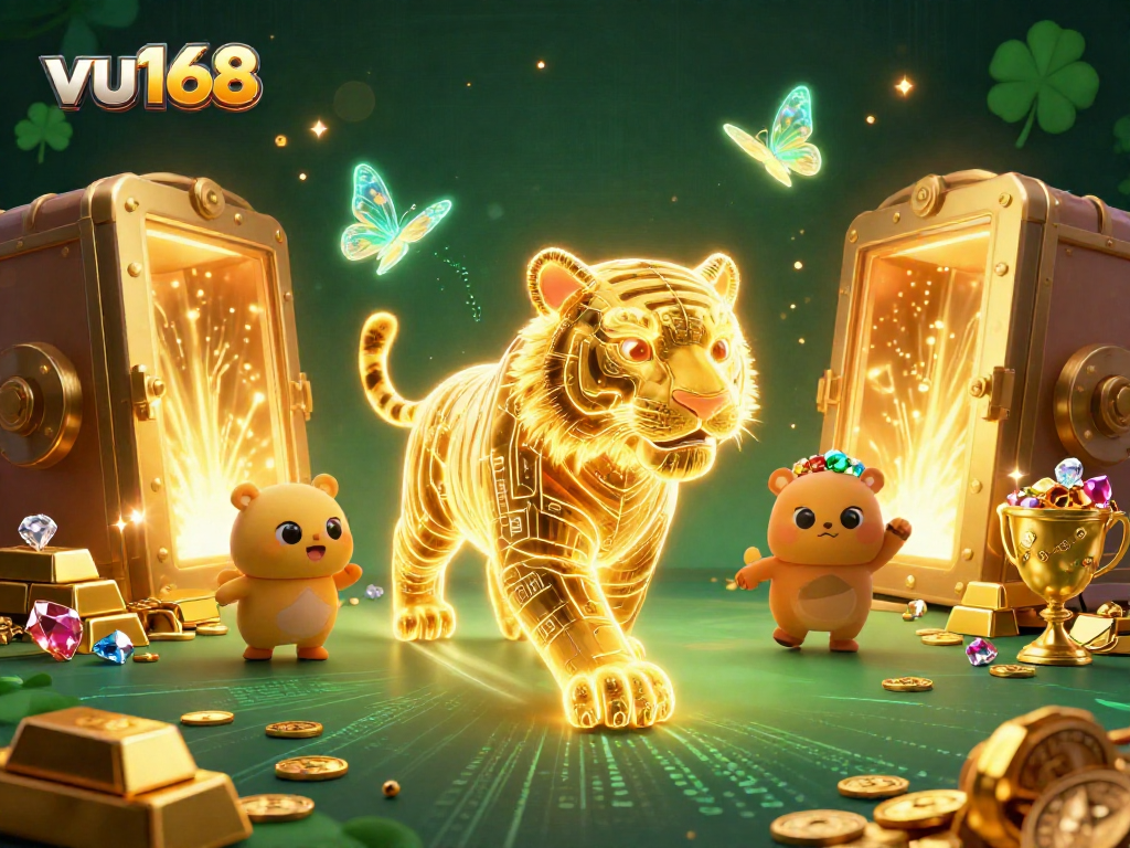 Win big with vu168 in a vibrant digital casino landscape featuring a light energy tiger.