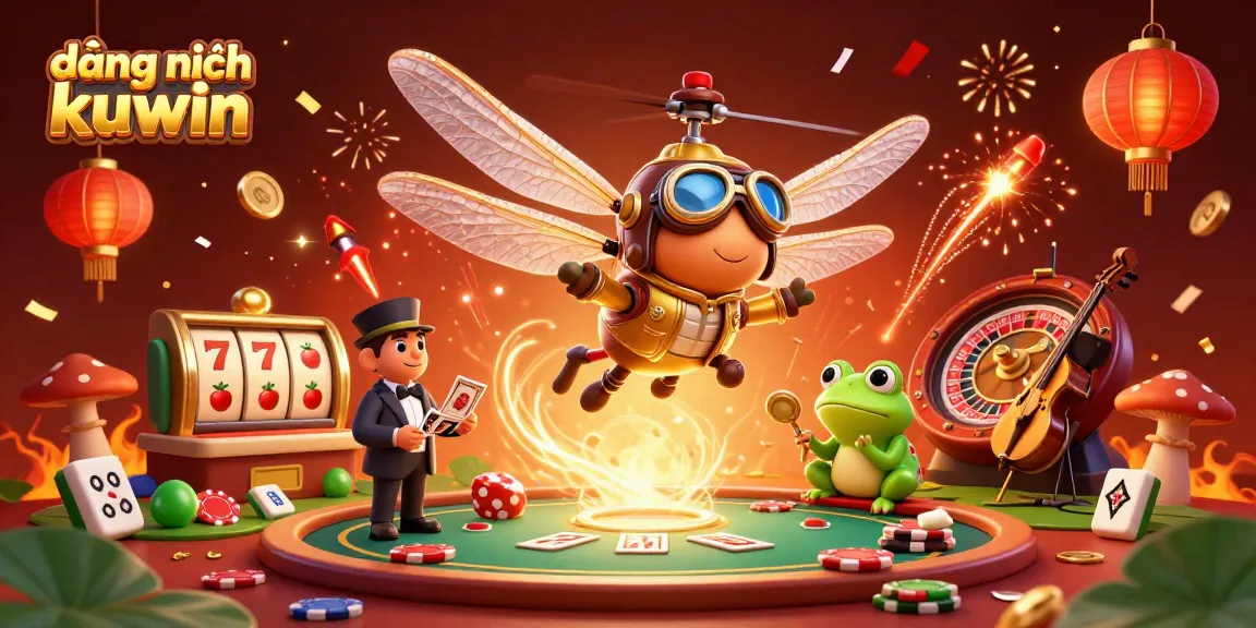 Engage with the vibrant world of đăng nhập kuwin through a dynamic 3D casino scene filled with excitement and celebratory elements.