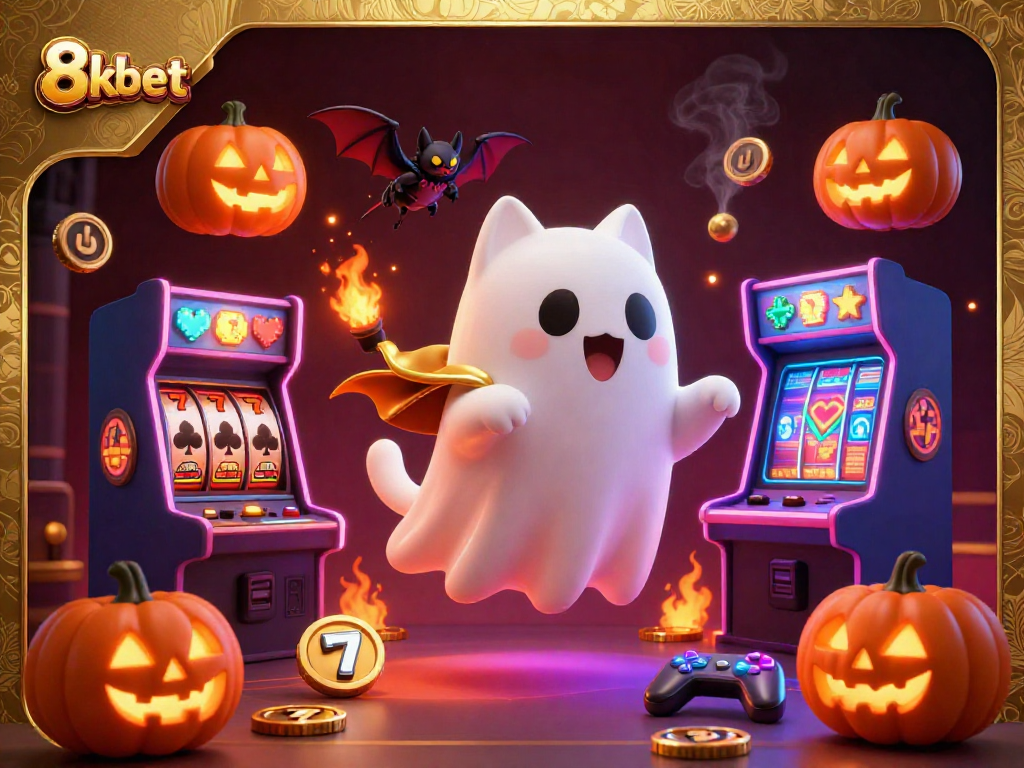 Engage with 8kbet's thrilling casino world featuring playful ghost cat and gaming elements.