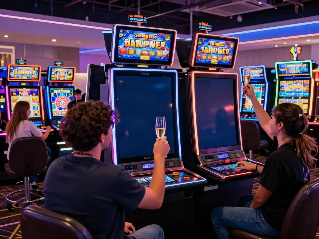 A lively online gambling scene showcasing akunjp players at virtual slot machines with vibrant neon lights and joyful celebrations.
