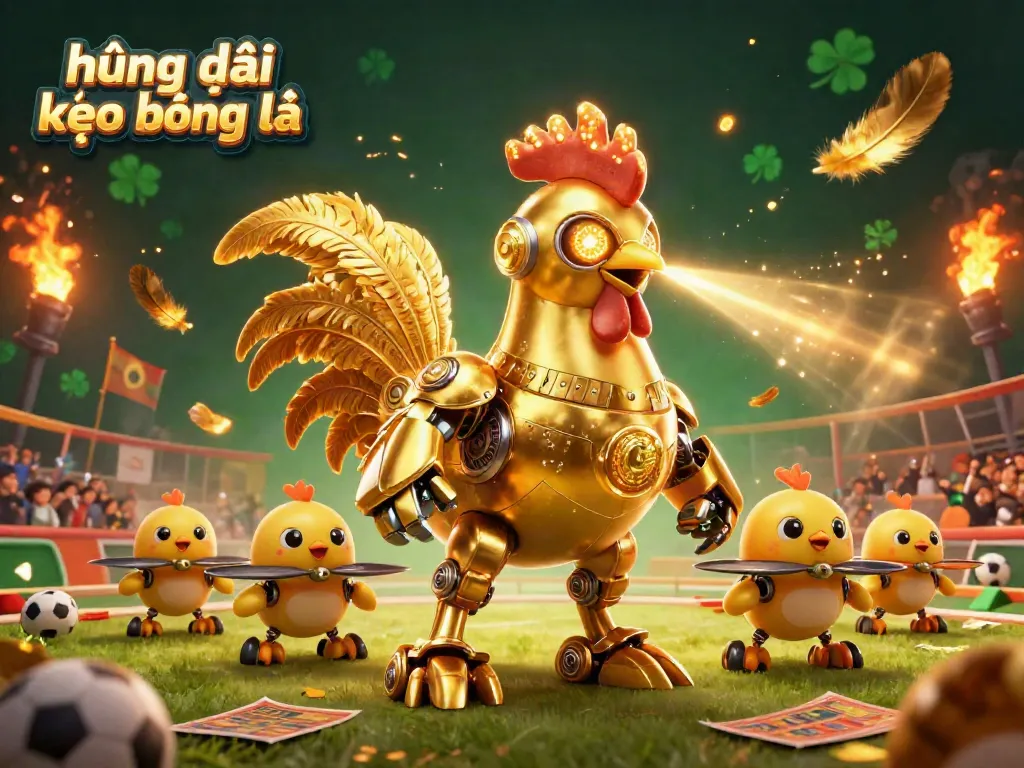 Engage with hướng dẫn kèo bóng đá in this vivid illustration of a sports betting adventure featuring a futuristic rooster robot and drones.