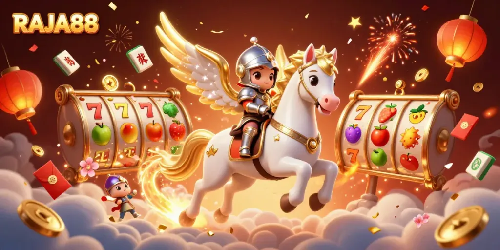 RAJA88 menghadirkan tema slot terbaru dengan kuda putih bersayap emas dalam ilustrasi penuh warna.
