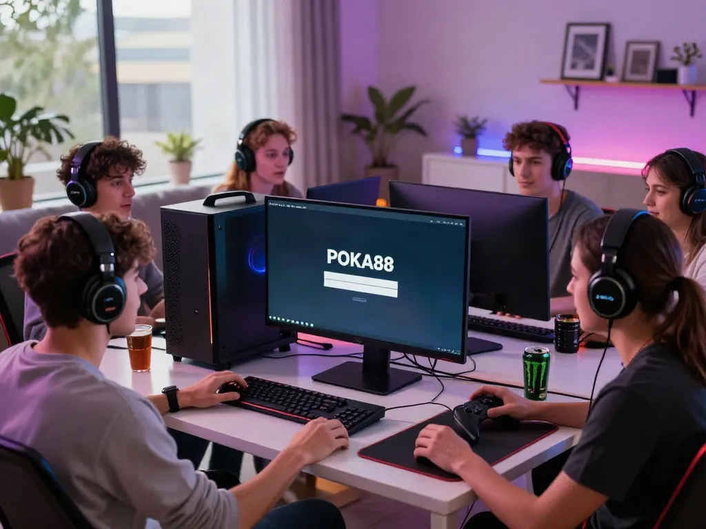 Exciting scene of friends engaged in gaming, featuring the poka88 link login screen on a vibrant setup