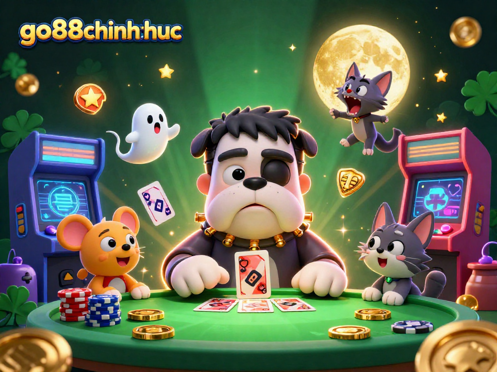 Join the fun at go88chinhthuc with a lively 3D cartoon casino scene involving a Frankenstein bulldog and mystical characters.
