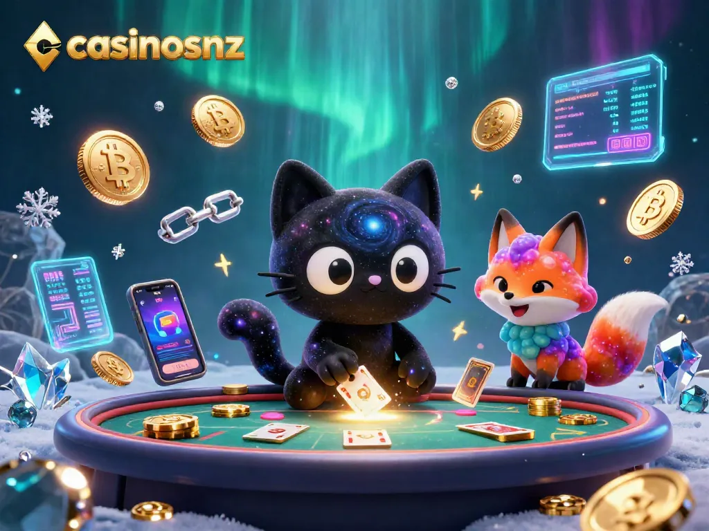 Experience the thrill at casinosnz with a cosmic scene featuring vibrant characters and gaming elements.