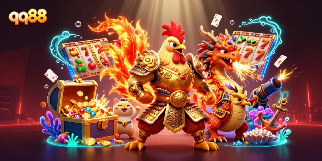 Experience excitement in qq88's dynamic casino scene featuring vibrant characters and engaging game elements.