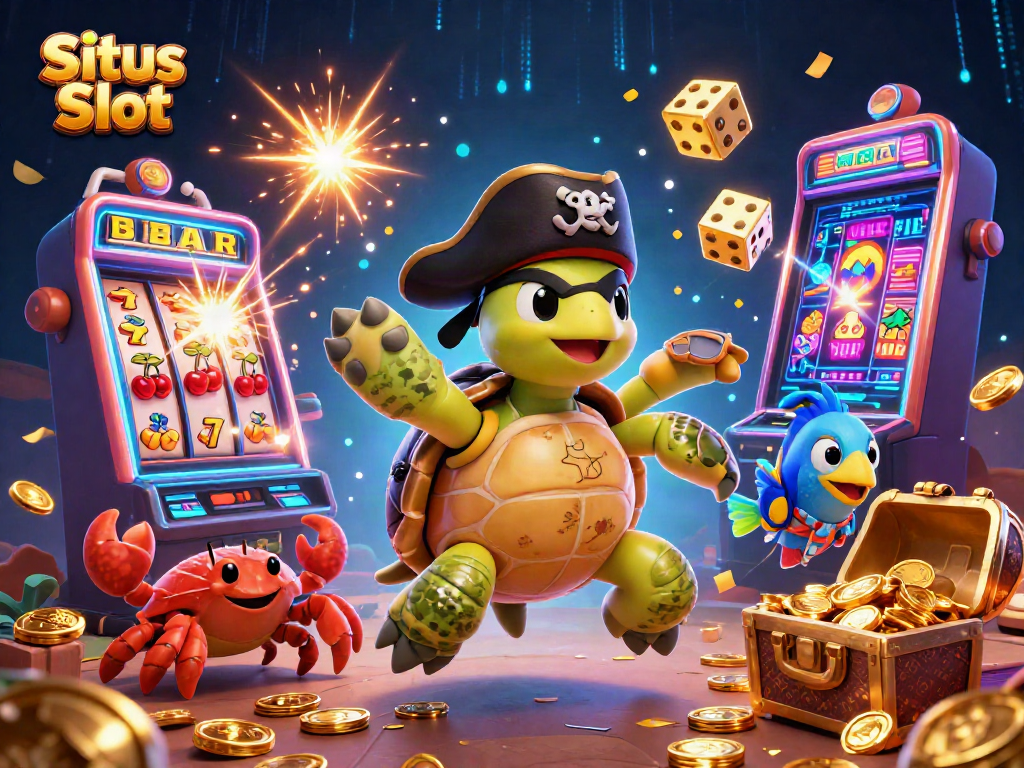 Situs Slot showcases a vibrant 3D pirate turtle with treasure, surrounded by a bursting slot machine and casino elements.