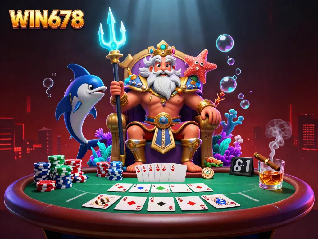 Engage in thrilling poker action at WIN678 with a vibrant underwater gaming scene featuring King Neptune and colorful poker elements.