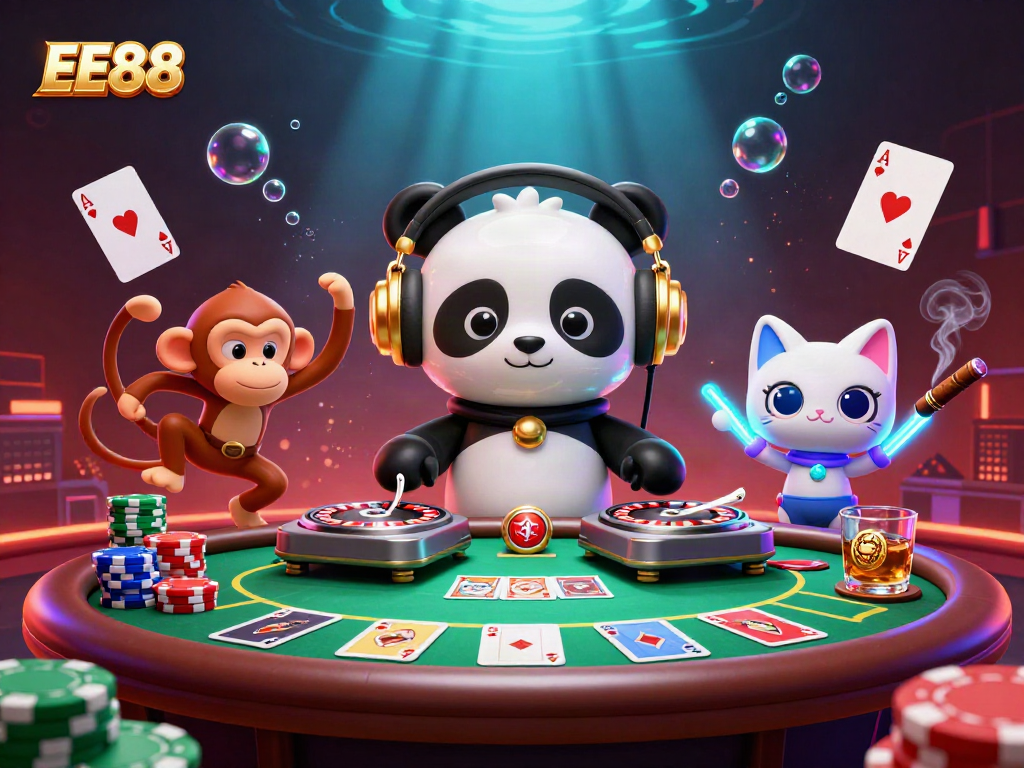 Join the fun at EE88 with vibrant casino games featuring a DJ panda and party atmosphere.