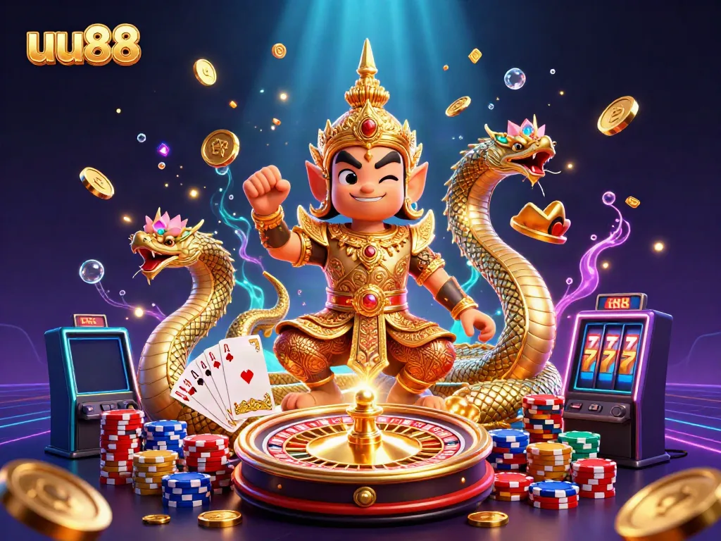 Experience exciting gameplay at uu88, featuring dazzling 3D characters, casino elements, and vibrant visuals.