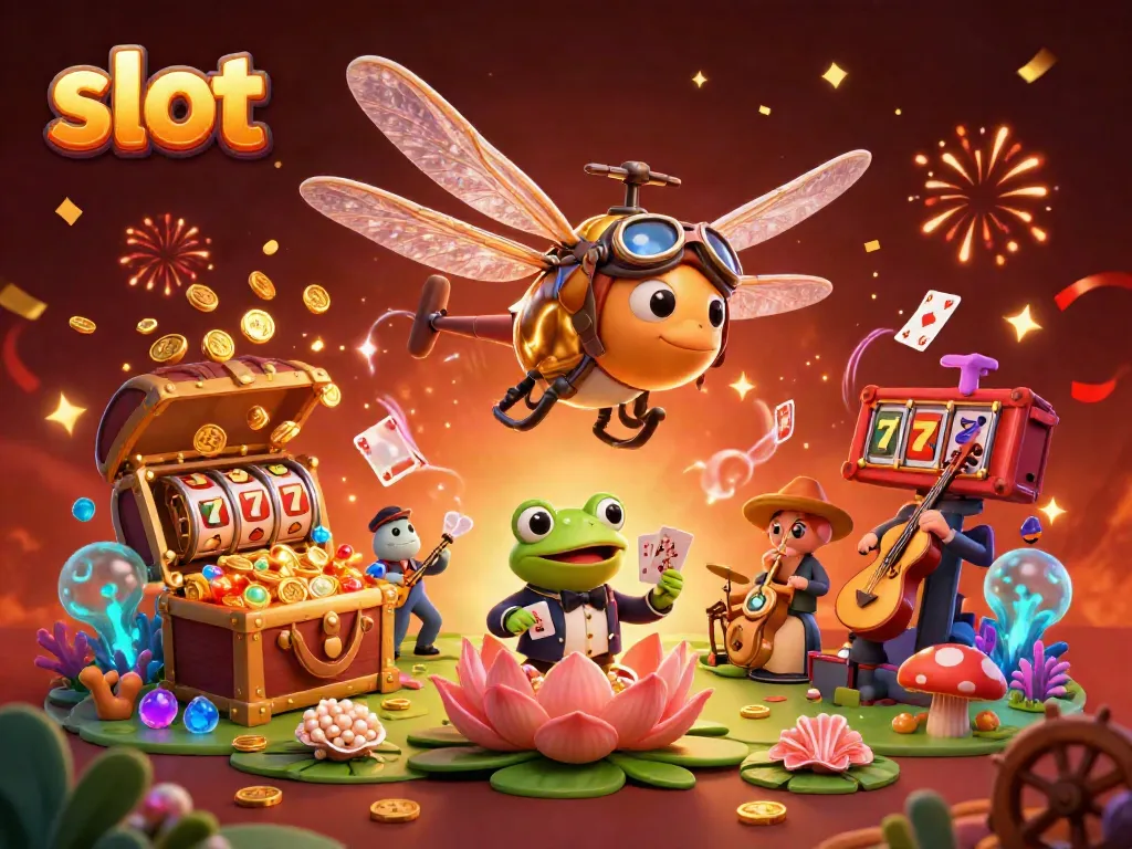 Experience the excitement of slot machines with a whimsical casino scene featuring a dragonfly pilot and frog croupier.