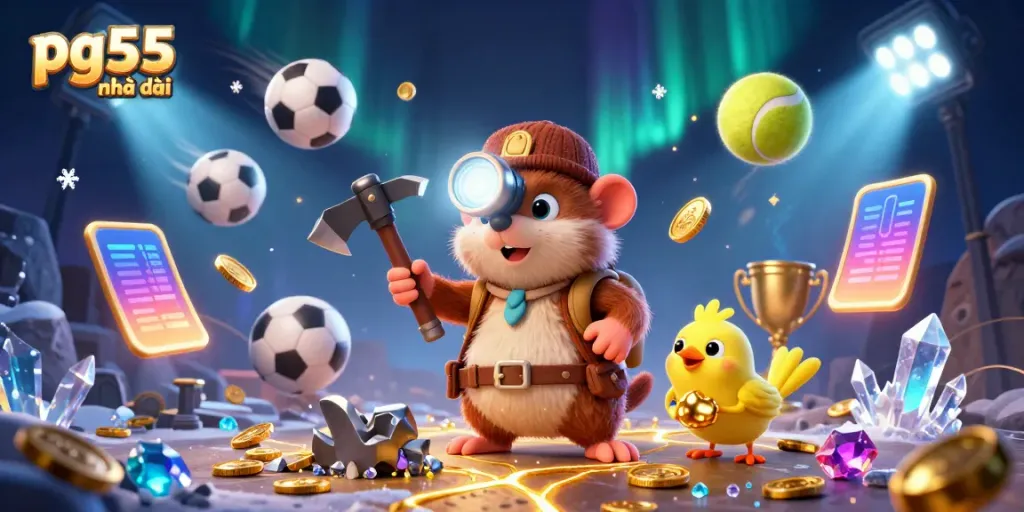 Explore big wins at pg55 nhà cái with vibrant casino elements and animated characters.