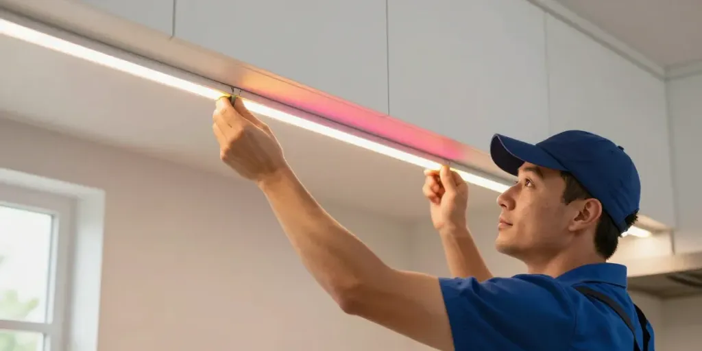 Instalator profesionist montând banda led 220v în bucătărie, iluminat modern și de calitate.