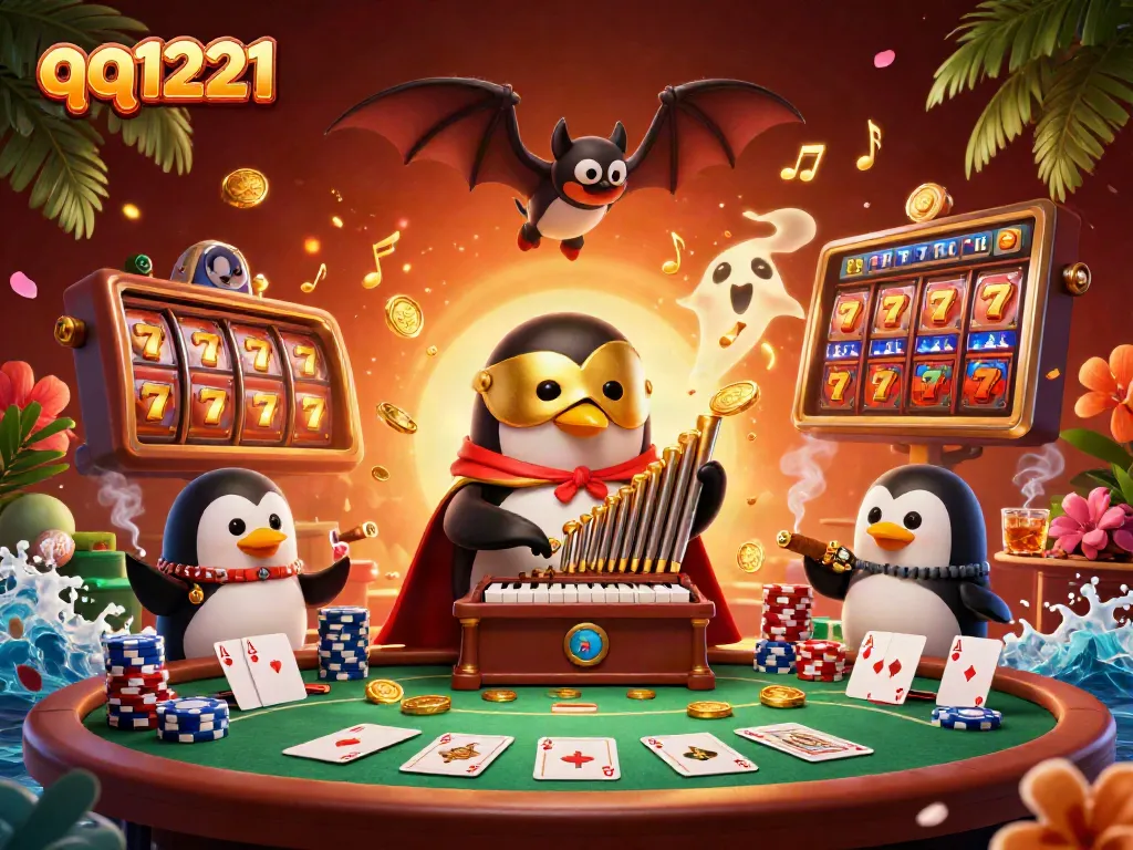 Experience thrilling wins at qq1221, where spinning reels and golden musical notes create a vibrant casino atmosphere.