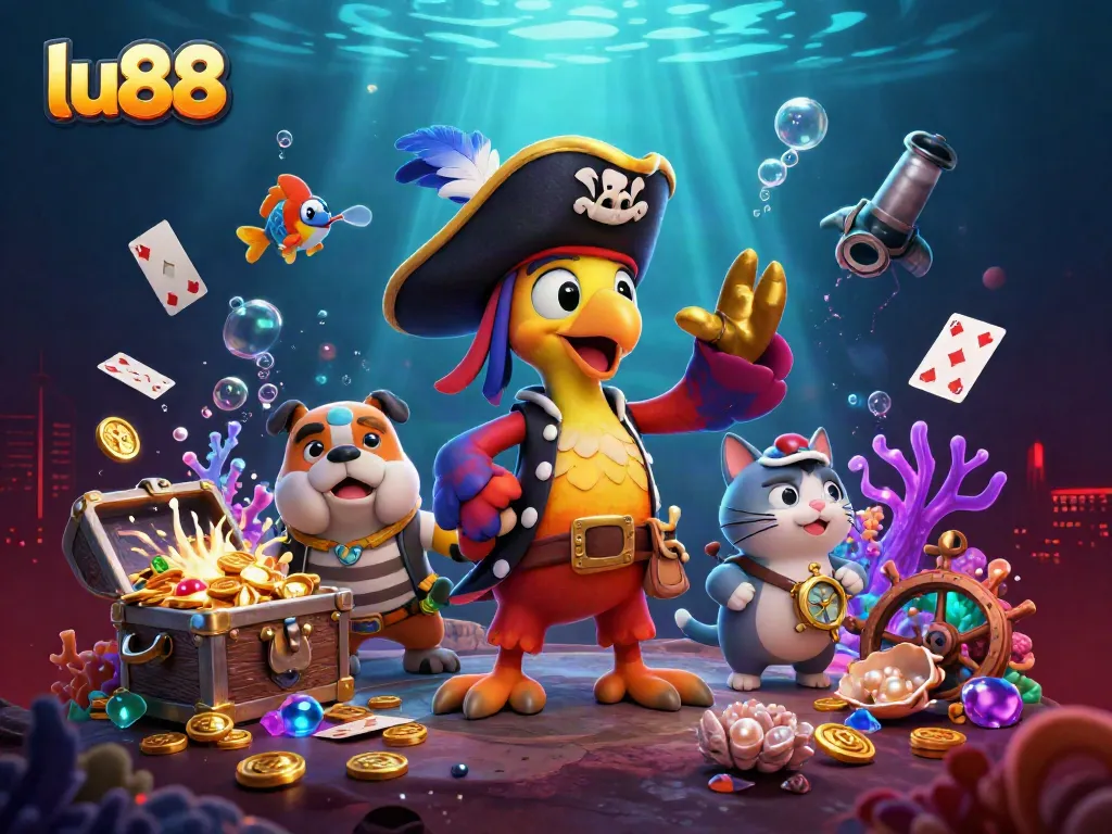 Experience the excitement of gambling with LU88's vibrant casino scene featuring a playful pirate and interactive elements.
