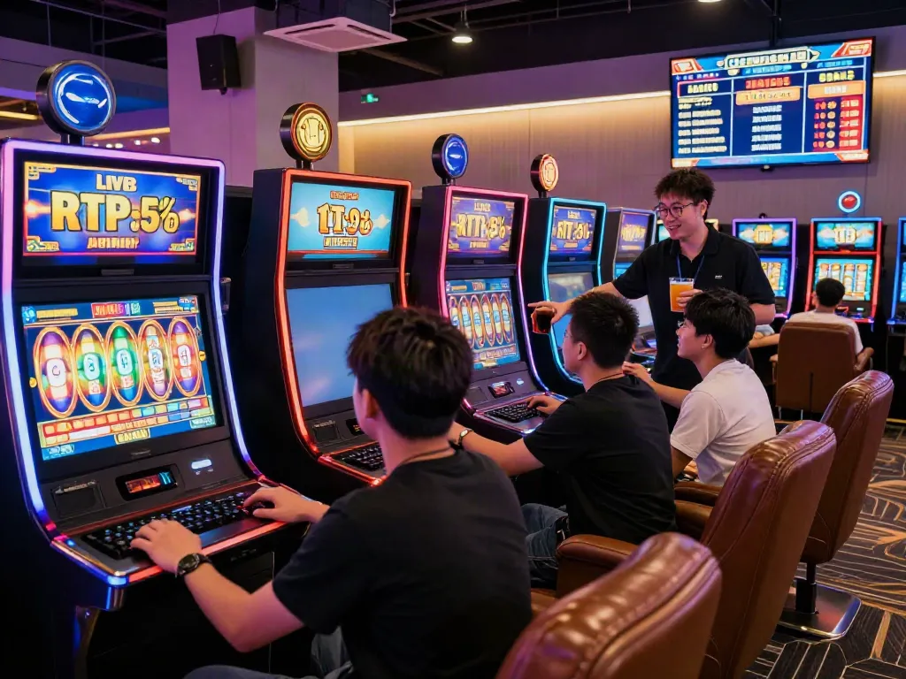 luxury12 players enjoying engaging slot games in a vibrant gaming lounge