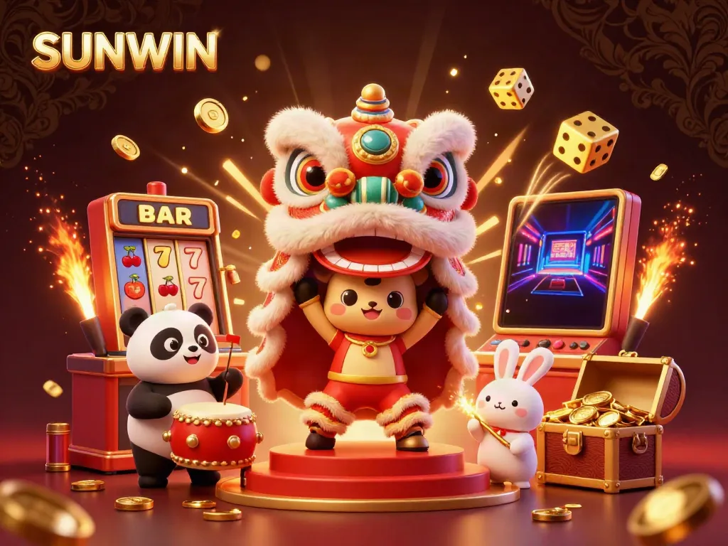 Experience the thrill of SUNWIN with a vibrant lion dance scene surrounded by a jackpot of casino elements.