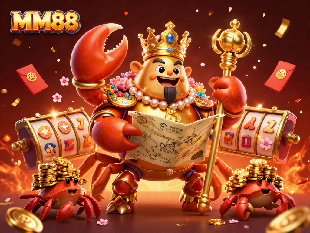 Engage with MM88's thrilling slot machines in a vibrant 3D casino scene filled with treasure and excitement.
