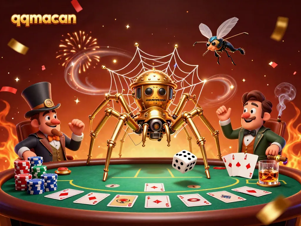 The 3D spider constructs a web of poker chips, capturing dice while creating a rich casino atmosphere, showcasing qqmacan.