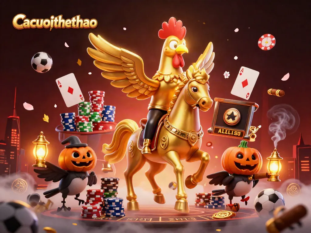 Cacuocthethao showcases a mystical casino scene with a golden rooster and crow companions surrounded by sports betting elements.