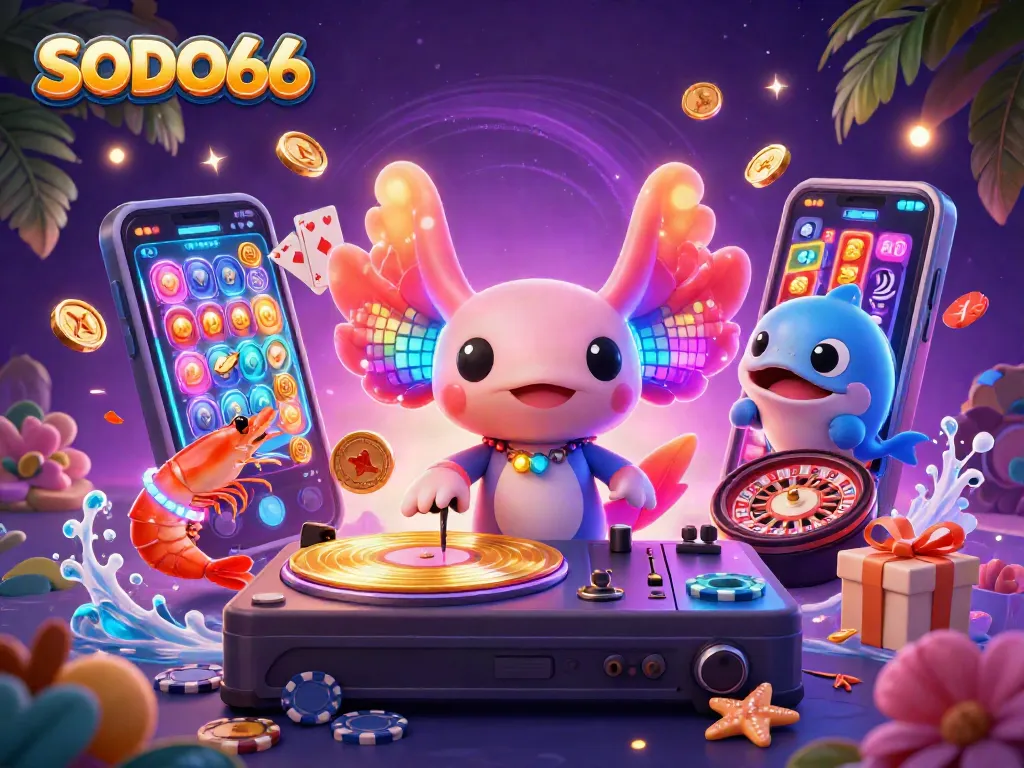 SODO66 reveals an energetic casino scene with a neon axolotl DJ, dancing shrimp, and vibrant gaming elements.