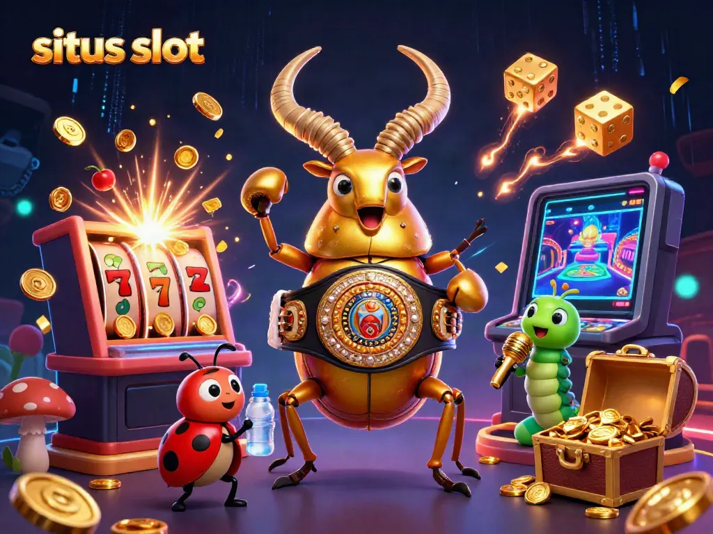Ilustrasi situs slot menampilkan kejuaraan pertarungan antara kumbang dan karakter kasino, menciptakan suasana kasino yang menawan.