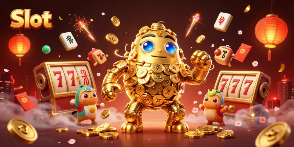 Experience the excitement of Slot with a golden golem and rich casino elements