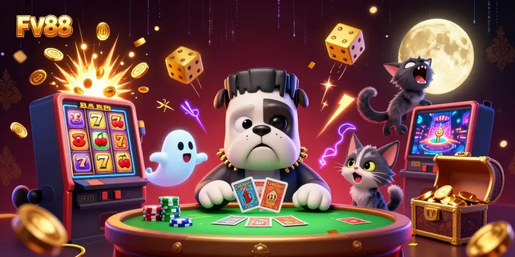 Experience FV88's thrilling casino action with a Frankenstein bulldog dealer and mystical gaming elements.