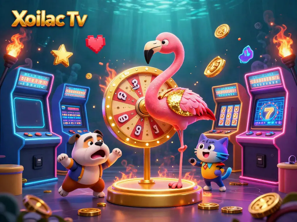 Xoilac Tv celebrates with vibrant gambling action around colorful arcade elements, showcasing the excitement of live sports.