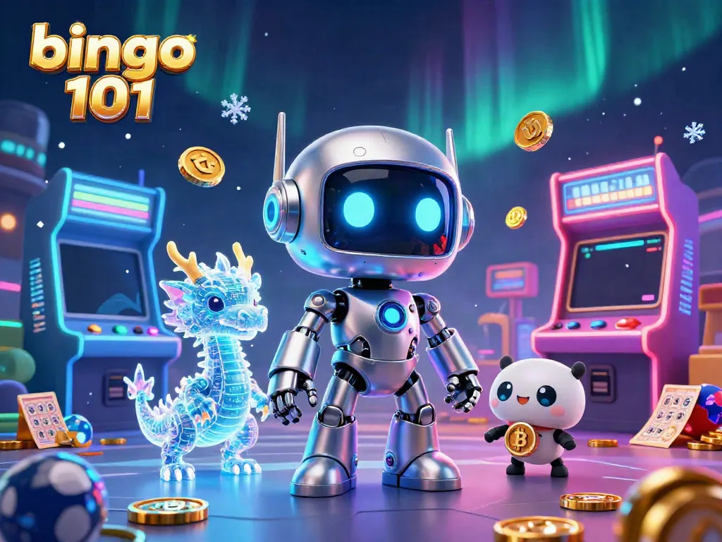 Experience the excitement of bingo 101 with a vibrant 3D scene featuring a robot mascot, AI dragon, and gameplay elements.