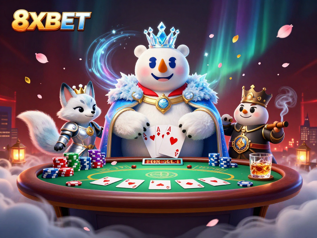 Experience excitement at 8XBET with our vibrant 3D casino scene showcasing dynamic poker action.