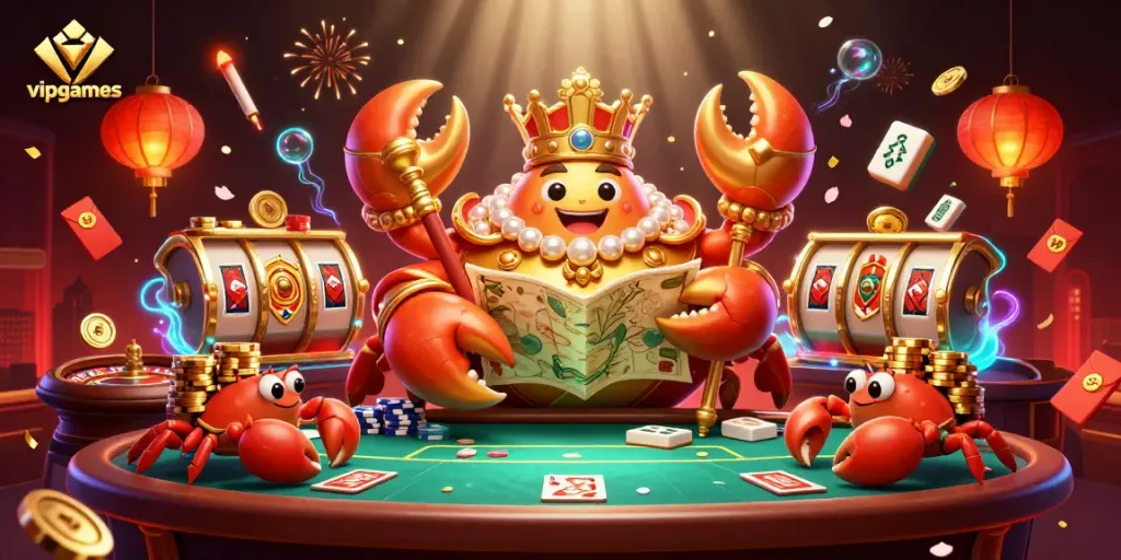 Experience thrilling gameplay with vipgames featuring a golden crab emperor and vibrant casino elements.