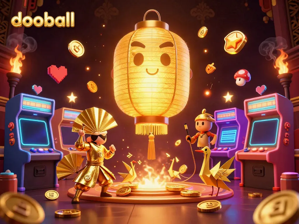 Engage with energetic dooball gaming featuring golden lanterns and vibrant arcade elements.