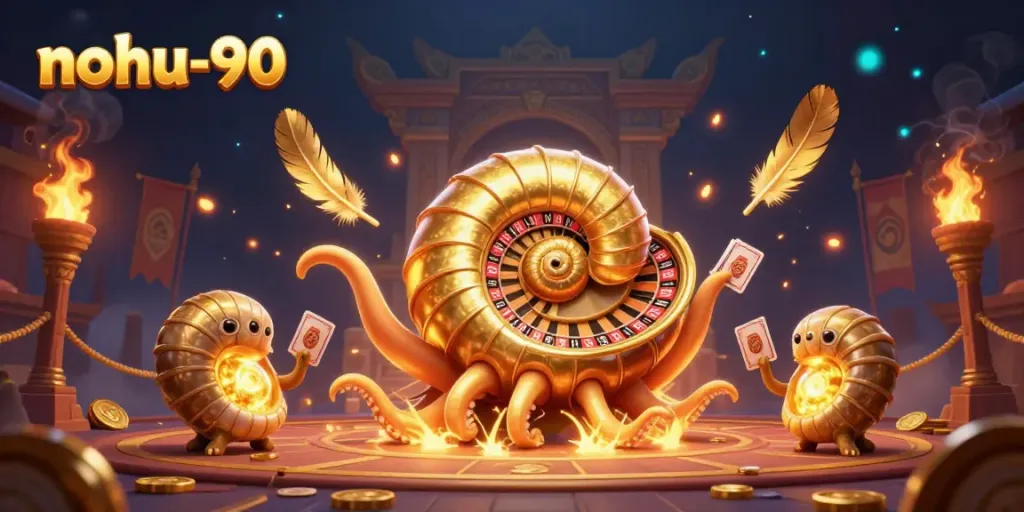 Engage in thrilling gameplay with nohu-90, featuring a vibrant 3D illustration of a nautilus roulette and golden elements.