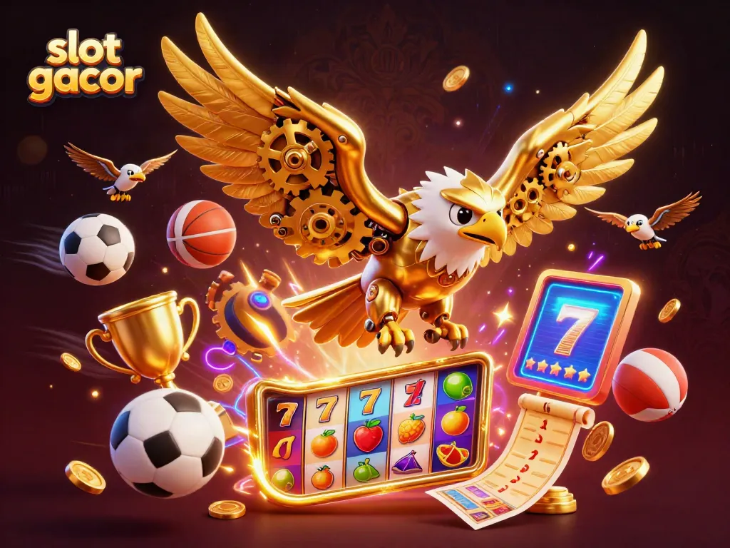 Experience the thrill of slot gacor with a dynamic 3D scene filled with exciting gaming elements and a cybernetic eagle.