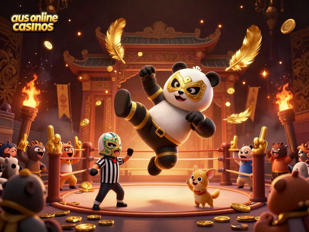 A dynamic scene showcasing the excitement of aus online casinos with a panda wrestler kicking while a chihuahua referee counts, and animal spectators cheering.