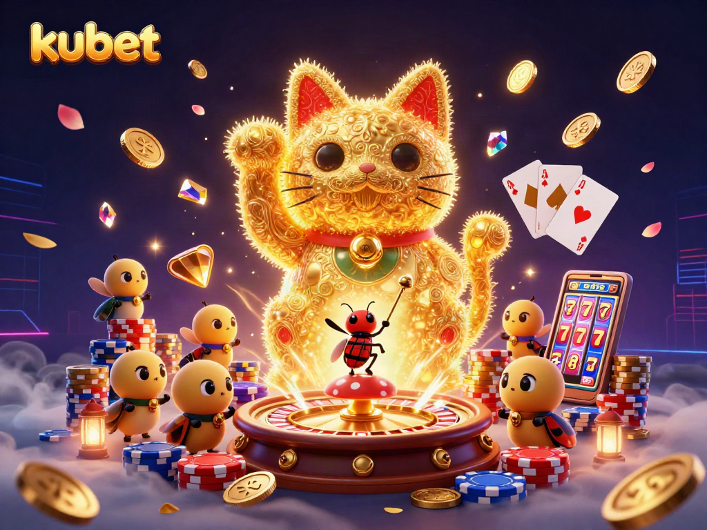 Kubet's giant lucky cat symbol surrounded by casino elements illustrates winning potential.