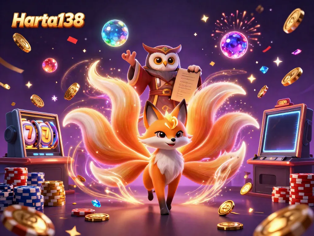 Menangkan slot gacor Harta138 dengan elang bijak dan orbs spiritual dalam ilustrasi yang ceria dan penuh warna