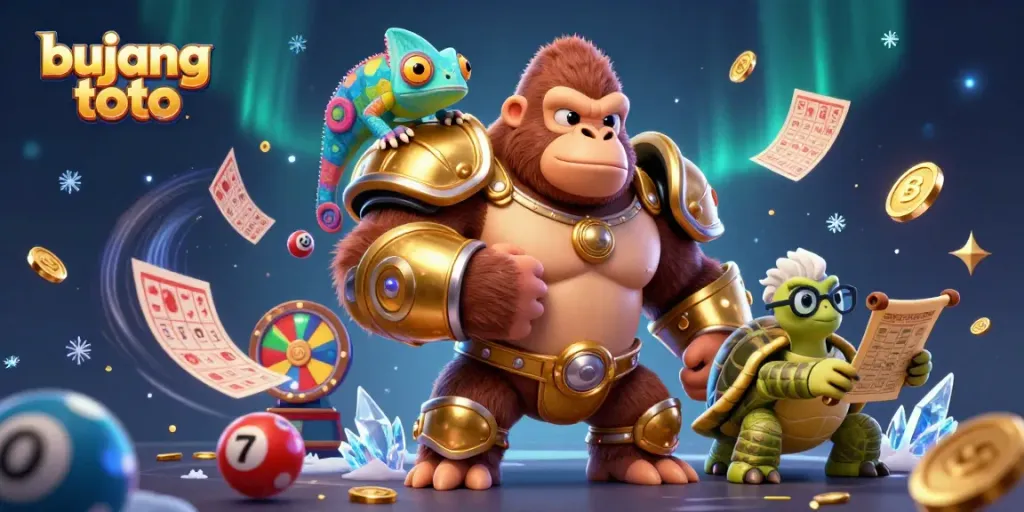 Engage in winning strategies with bujang toto illustrated by a king gorilla, wise tortoise, and chameleon amidst lottery excitement.