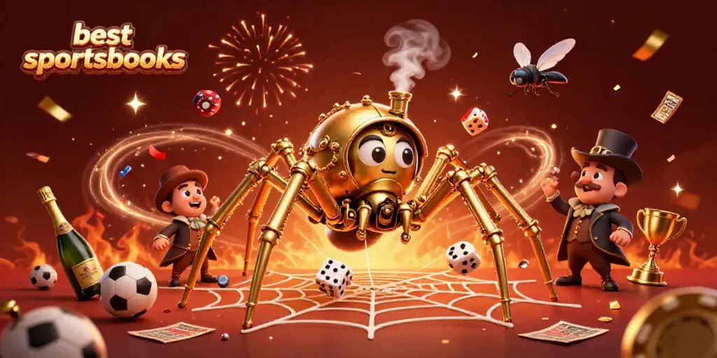 Explore the best sportsbooks with a dynamic steampunk-inspired scene featuring a golden spider and playfully trapped fly gentleman.
