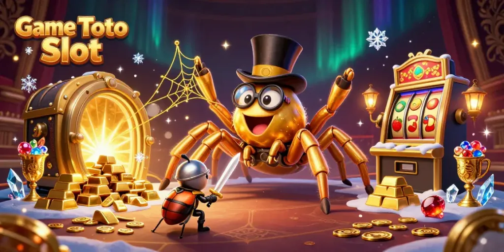 Mainkan Game Toto Slot dengan mengesankan, menampilkan tarantula emas dan knight kecil di kasino.