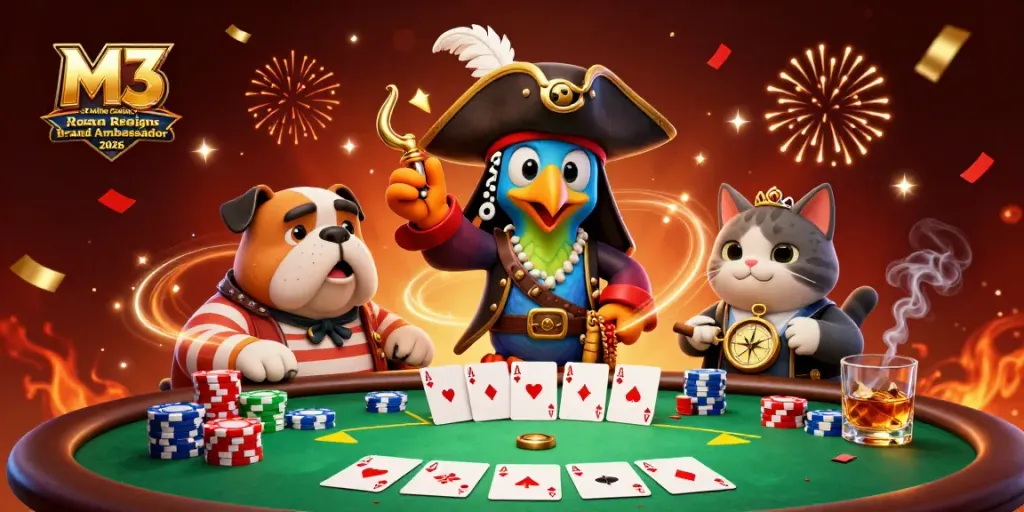 Experience thrilling gaming with M3 Online Casino x Roman Reigns Brand Ambassador 2026 in this vibrant 3D scene.