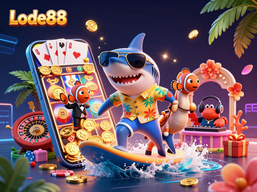 Lode88 showcases an exhilarating casino scene with a shark surfing gold coins and vibrant gaming elements.
