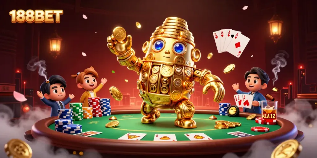 Experience the excitement of 188BET with a dazzling 3D scene featuring a golden golem and poker elements.