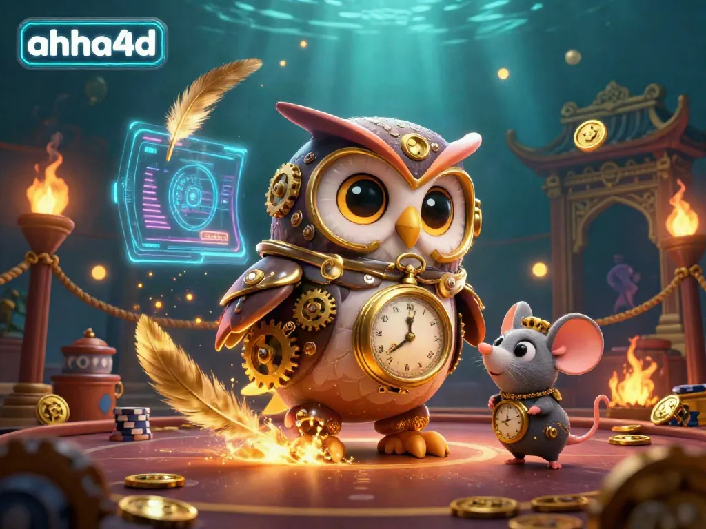 Engage in thrilling gameplay with ahha4d's 3D animated owl and mouse amidst vibrant casino elements.