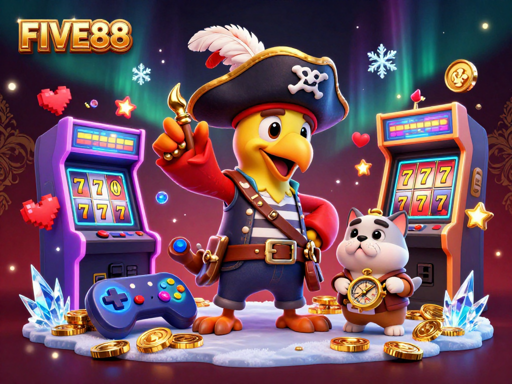 Experience thrilling action at FIVE88 with the pirate captain and companions amidst rich casino game elements.