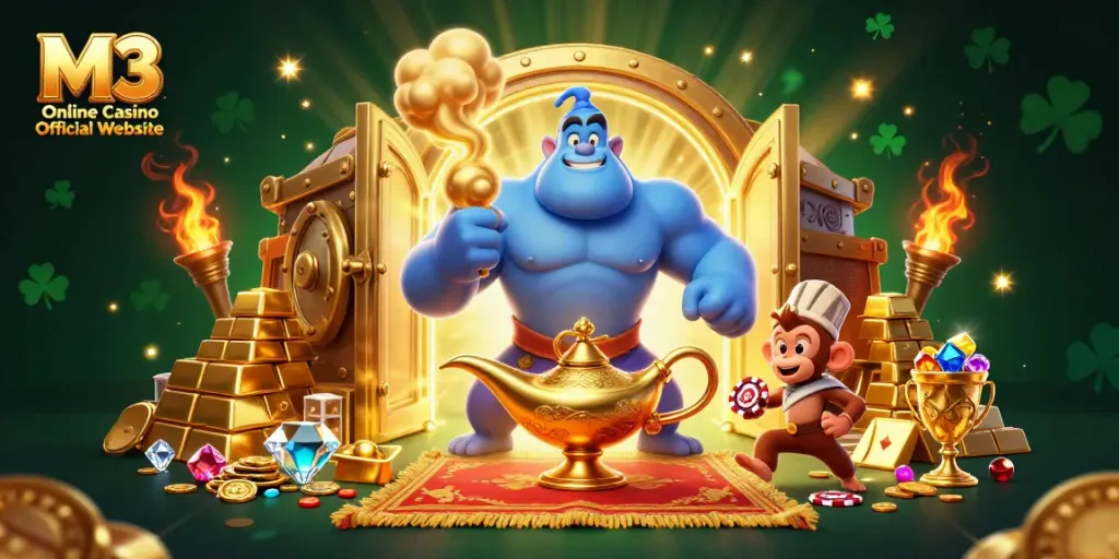 Engage with the thrill of M3 Online Casino Official Website's vibrant 3D casino scene featuring captivating elements.