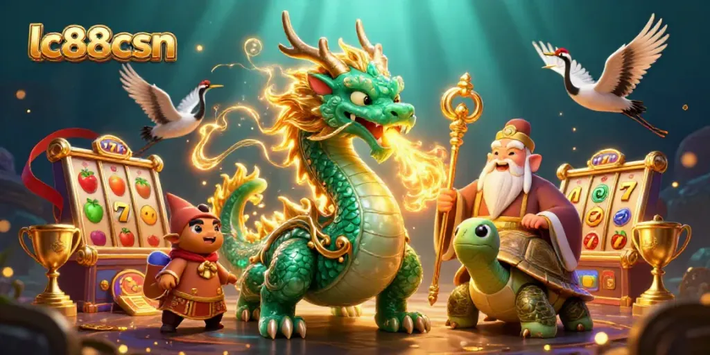Engage with lc88csn's vibrant casino experience featuring a majestic dragon and a wise turtle amidst dynamic slot elements.