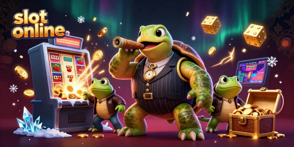 Slot online menampilkan penyu kartun besar dalam setelan gangster, dikelilingi simbol mesin slot dan koin emas.