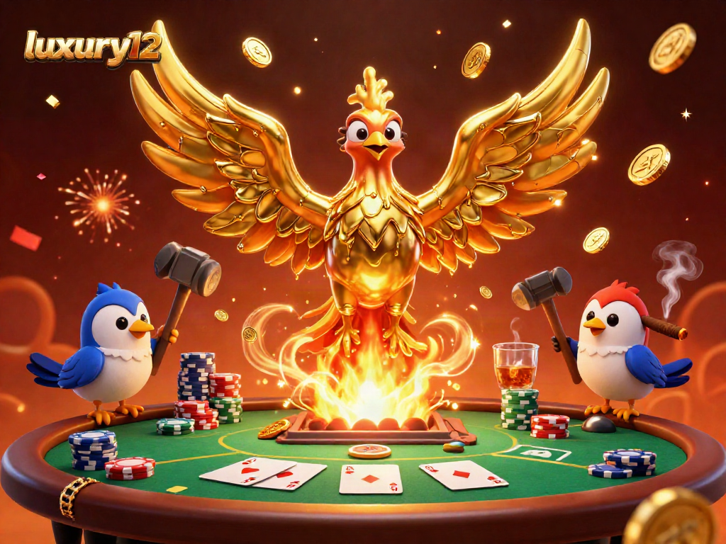Experience luxury12 poker action with a golden phoenix and vibrant casino elements.